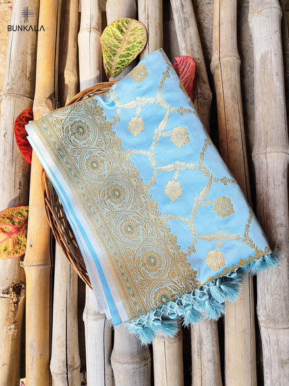Blue Mashru Silk Jaal Design Weaved Banarasi Saree