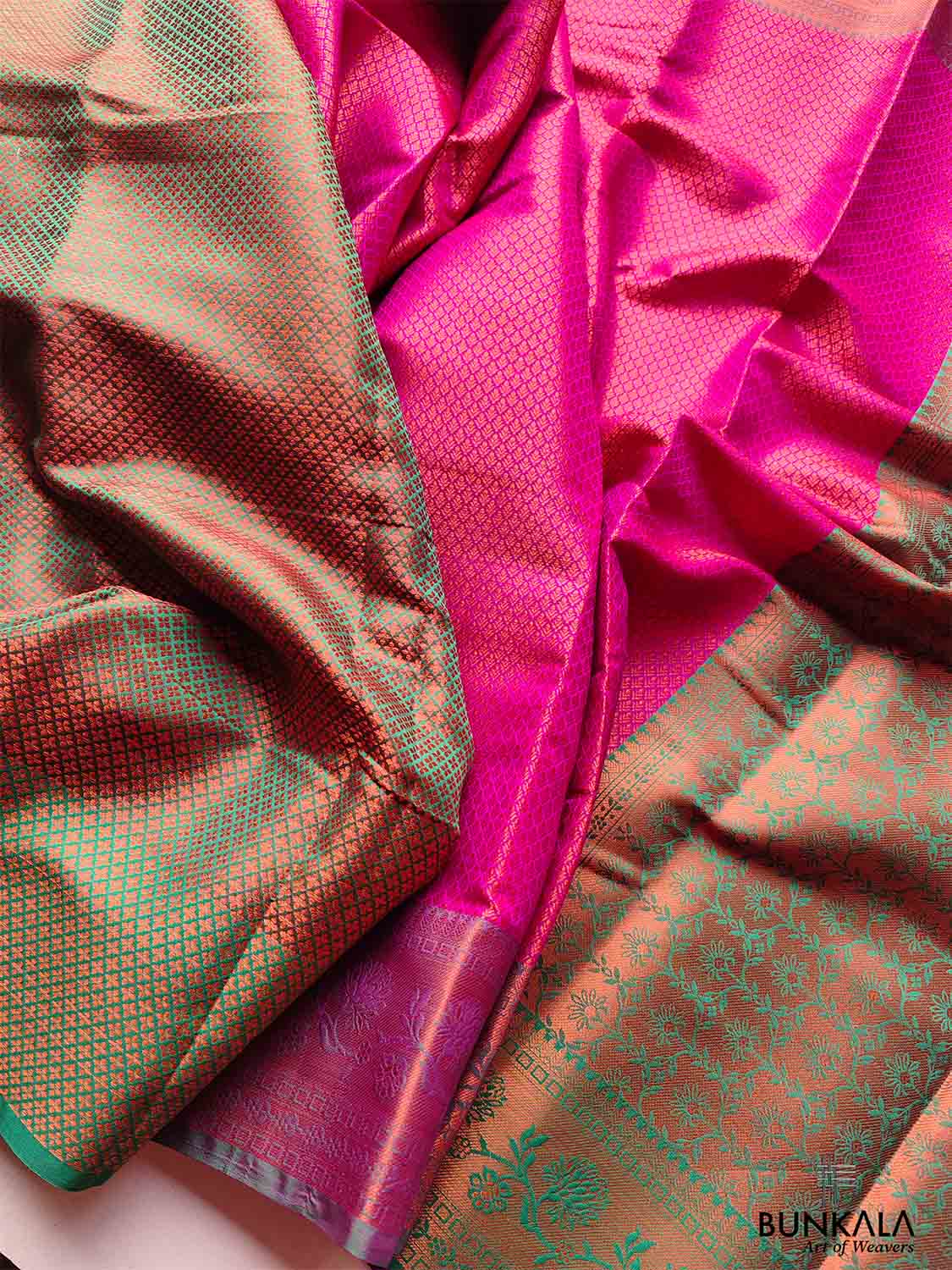 Pink Kanjivaram Silk Saree with Contrast Border – BUNKALA