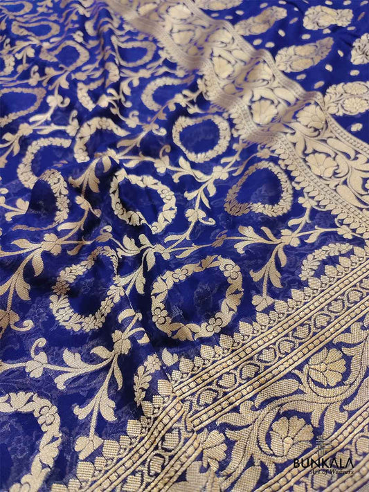 Blue Pure Khaddi Georgette Handloom Jaal Design Banarasi Saree