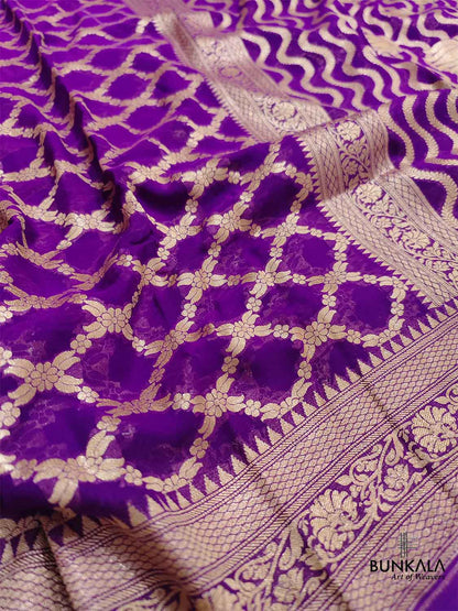 Purple Pure Khaddi Georgette Handloom Jaal Design Banarasi Saree