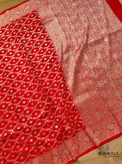 Red Pure Khaddi Georgette Handloom Jaal Design Banarasi Saree