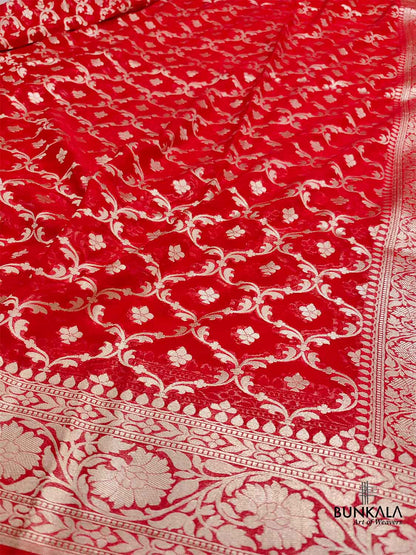 Red Pure Khaddi Georgette Handloom Jaal Design Banarasi Saree