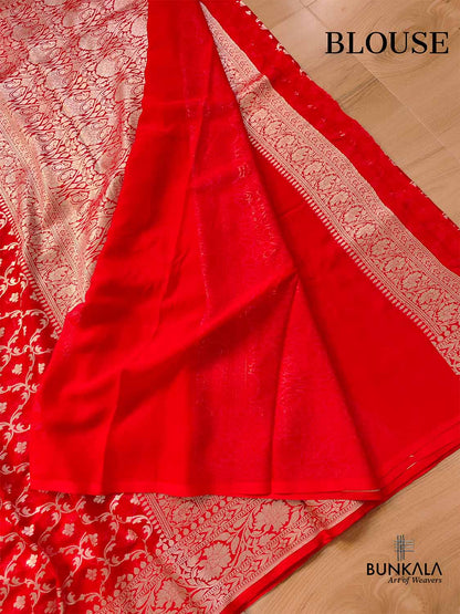 Red Pure Khaddi Georgette Handloom Jaal Design Banarasi Saree