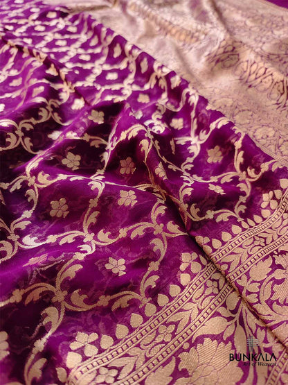 Purple Pure Khaddi Georgette Handloom Jaal Design Banarasi Saree