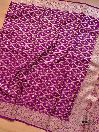 Purple Pure Khaddi Georgette Handloom Jaal Design Banarasi Saree