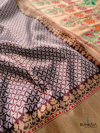 Brown Pure Katan Silk Handloom Sona Rupa Banarasi Saree with Meenakari Pallu