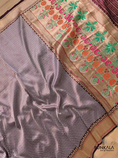 Brown Pure Katan Silk Handloom Sona Rupa Banarasi Saree with Meenakari Pallu