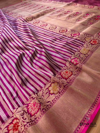 Purple Pure Katan Silk Handloom Sona Rupa Meenakari Stripe Design Banarasi Saree