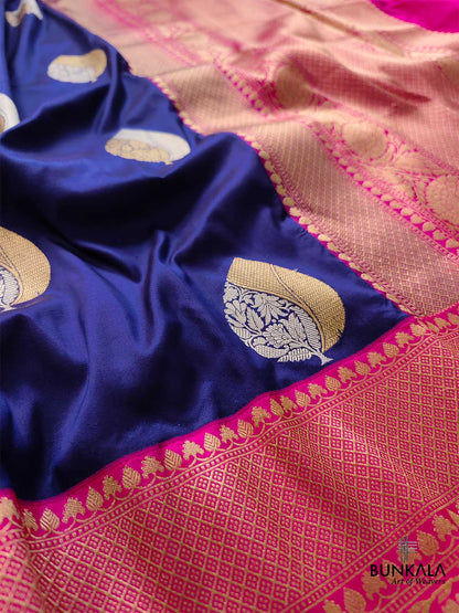 Blue Pure Katan Silk Handloom Big Buta Sona Rupa Banarasi Saree