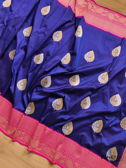 Blue Pure Katan Silk Handloom Big Buta Sona Rupa Banarasi Saree