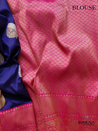 Blue Pure Katan Silk Handloom Big Buta Sona Rupa Banarasi Saree