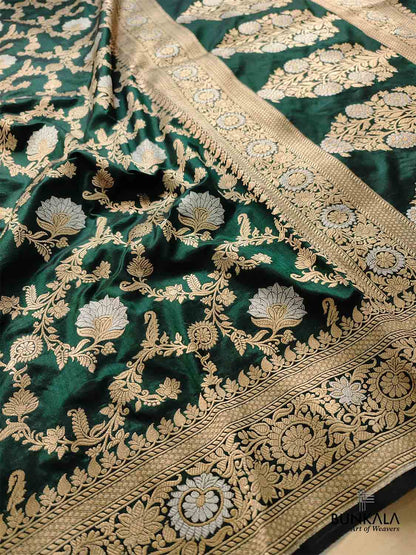 Bottle Green Pure Katan Silk Handloom Sona Rupa Jangla Design Banarasi Saree