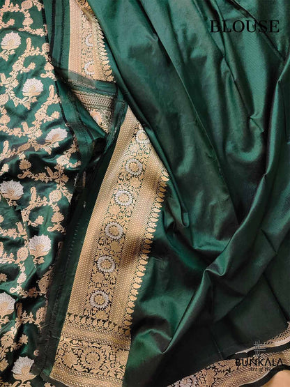 Bottle Green Pure Katan Silk Handloom Sona Rupa Jangla Design Banarasi Saree