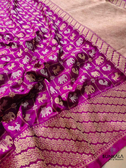 Purple Pure Katan Silk Handloom Sona Rupa Animal and Bird Design Banarasi Checks Saree