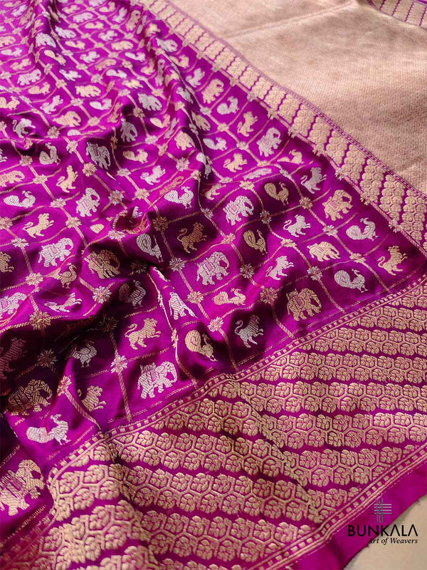 Purple Pure Katan Silk Handloom Sona Rupa Animal and Bird Design Banar ...