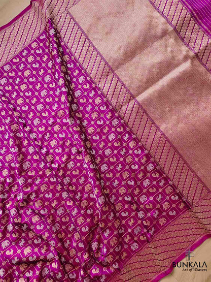 Purple Pure Katan Silk Handloom Sona Rupa Animal and Bird Design Banarasi Checks Saree