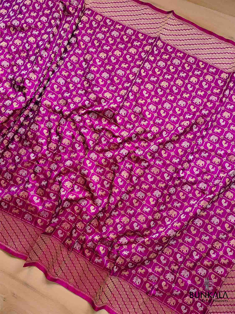 Purple Pure Katan Silk Handloom Sona Rupa Animal and Bird Design Banar ...