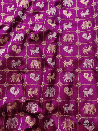 Purple Pure Katan Silk Handloom Sona Rupa Animal and Bird Design Banarasi Checks Saree