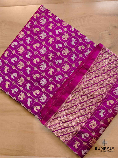 Purple Pure Katan Silk Handloom Sona Rupa Animal and Bird Design Banarasi Checks Saree