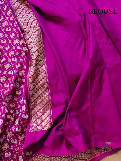 Purple Pure Katan Silk Handloom Sona Rupa Animal and Bird Design Banarasi Checks Saree