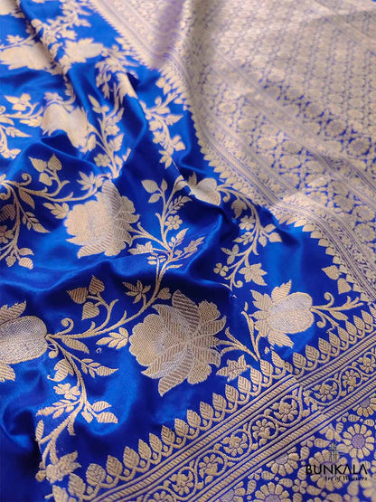 Blue Pure Katan Silk Handloom Sona Rupa Kadwa Jangla Banarasi Saree