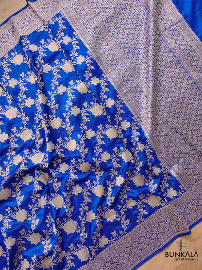 Blue Pure Katan Silk Handloom Sona Rupa Kadwa Jangla Banarasi Saree