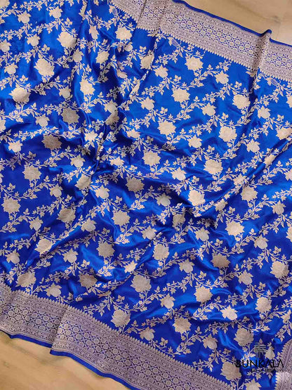Blue Pure Katan Silk Handloom Sona Rupa Kadwa Jangla Banarasi Saree