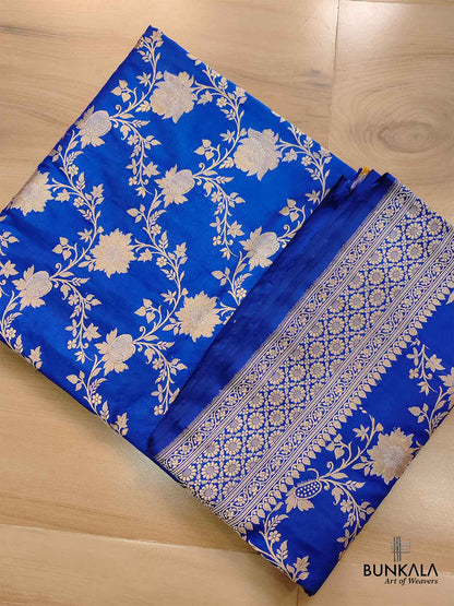 Blue Pure Katan Silk Handloom Sona Rupa Kadwa Jangla Banarasi Saree