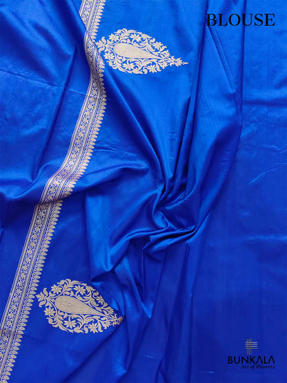 Blue Pure Katan Silk Handloom Sona Rupa Kadwa Jangla Banarasi Saree