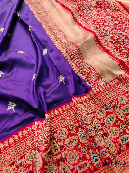 Dark Purple Pure Katan Silk Handloom Sona Rupa Meenakari Banarasi Saree with Red Contrast Border