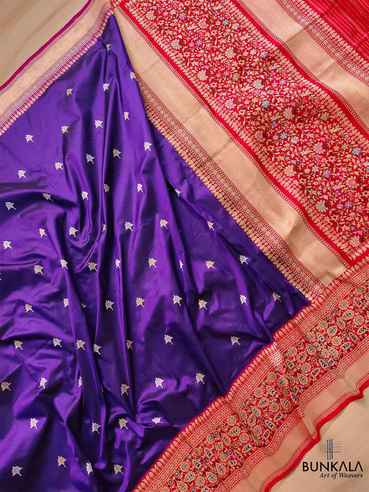 Dark Purple Pure Katan Silk Handloom Sona Rupa Meenakari Banarasi Saree with Red Contrast Border