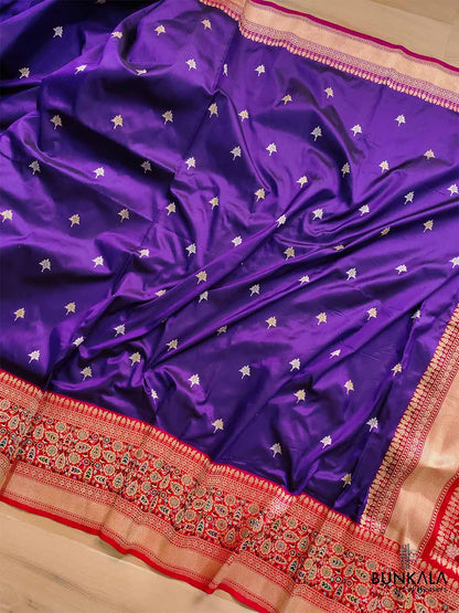 Dark Purple Pure Katan Silk Handloom Sona Rupa Meenakari Banarasi Saree with Red Contrast Border