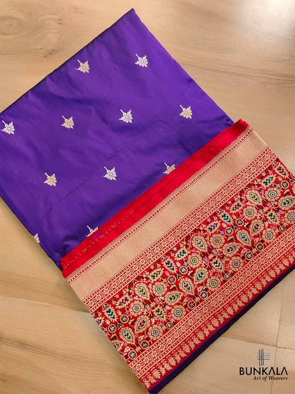 Dark Purple Pure Katan Silk Handloom Sona Rupa Meenakari Banarasi Saree with Red Contrast Border