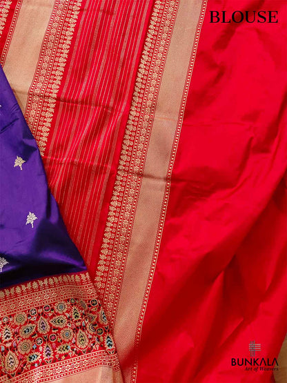 Dark Purple Pure Katan Silk Handloom Sona Rupa Meenakari Banarasi Saree with Red Contrast Border