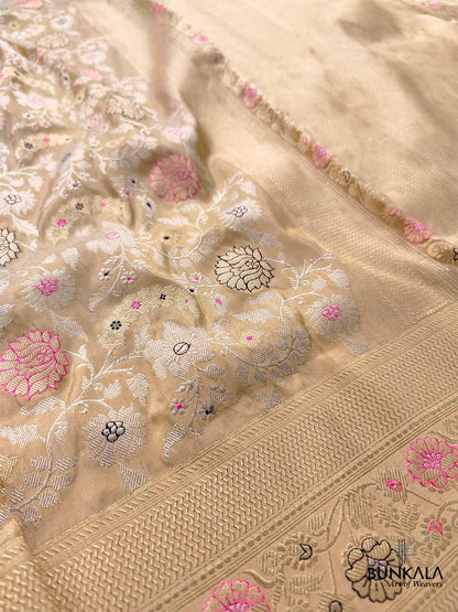 Beige Golden Tissue Katan Silk Handloom Sona Rupa Meenakari Kadwa Jangla Banarasi Saree