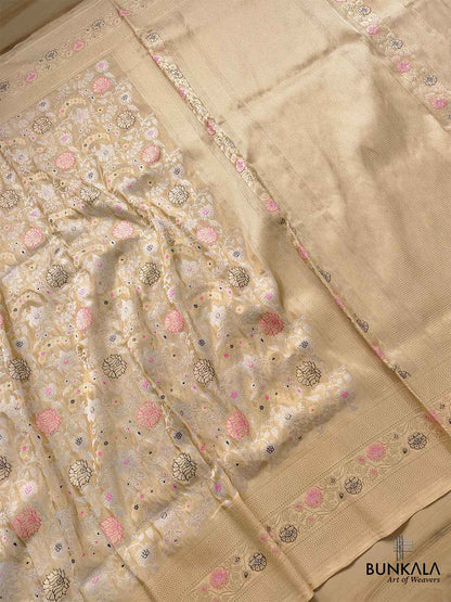 Beige Golden Tissue Katan Silk Handloom Sona Rupa Meenakari Kadwa Jangla Banarasi Saree