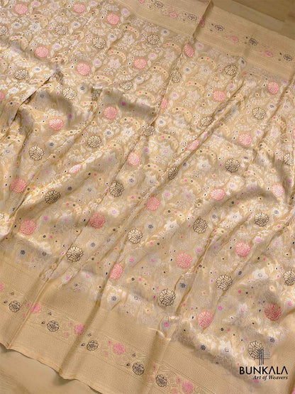 Beige Golden Tissue Katan Silk Handloom Sona Rupa Meenakari Kadwa Jangla Banarasi Saree