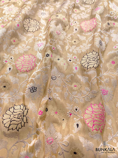 Beige Golden Tissue Katan Silk Handloom Sona Rupa Meenakari Kadwa Jangla Banarasi Saree