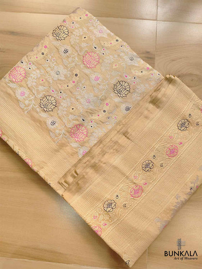 Beige Golden Tissue Katan Silk Handloom Sona Rupa Meenakari Kadwa Jangla Banarasi Saree