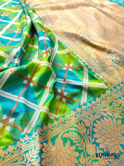 Geometric Elegance Multicolor Pure Katan Silk Handloom Sona Rupa Antique Zari Banarasi Saree