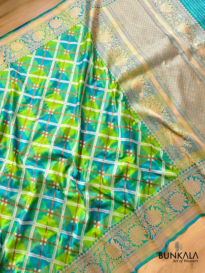 Geometric Elegance Multicolor Pure Katan Silk Handloom Sona Rupa Antique Zari Banarasi Saree