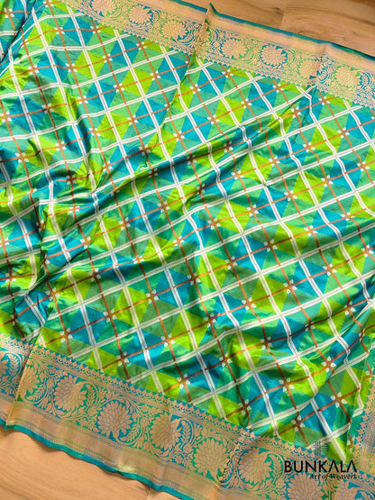 Geometric Elegance Multicolor Pure Katan Silk Handloom Sona Rupa Antique Zari Banarasi Saree
