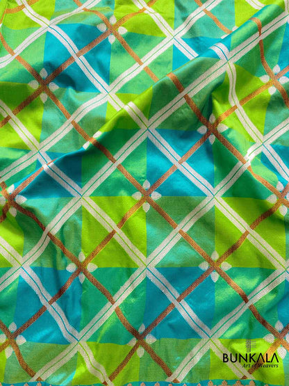 Geometric Elegance Multicolor Pure Katan Silk Handloom Sona Rupa Antique Zari Banarasi Saree