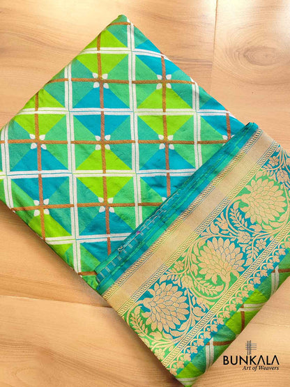 Geometric Elegance Multicolor Pure Katan Silk Handloom Sona Rupa Antique Zari Banarasi Saree