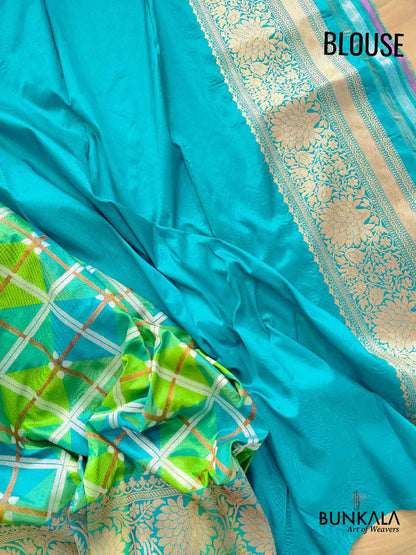 Geometric Elegance Multicolor Pure Katan Silk Handloom Sona Rupa Antique Zari Banarasi Saree