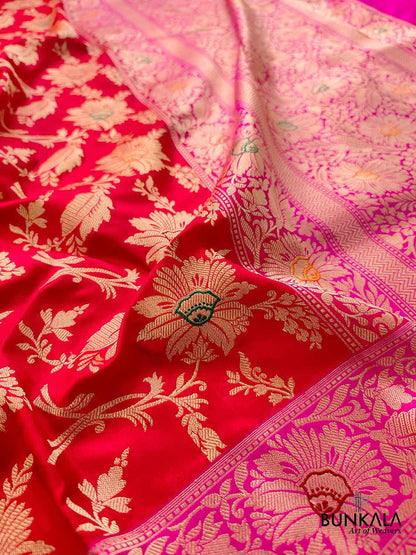 Bold and Beautiful Red Pure Katan Silk Handloom Kadwa Jangla Sona Rupa Meenakari Banarasi Saree with Pink Contrast Border