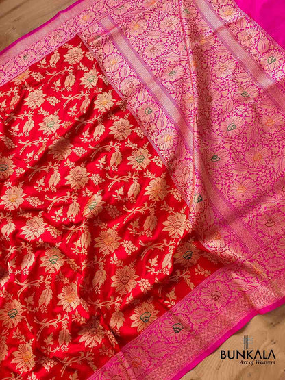 Bold and Beautiful Red Pure Katan Silk Handloom Kadwa Jangla Sona Rupa Meenakari Banarasi Saree with Pink Contrast Border