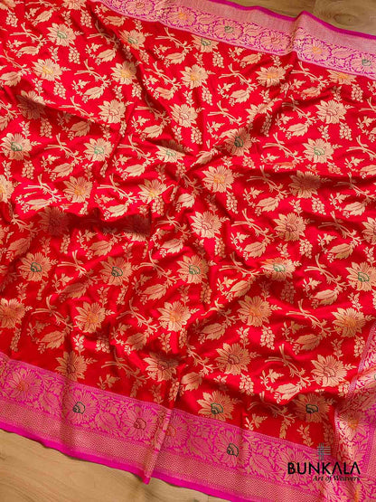 Bold and Beautiful Red Pure Katan Silk Handloom Kadwa Jangla Sona Rupa Meenakari Banarasi Saree with Pink Contrast Border