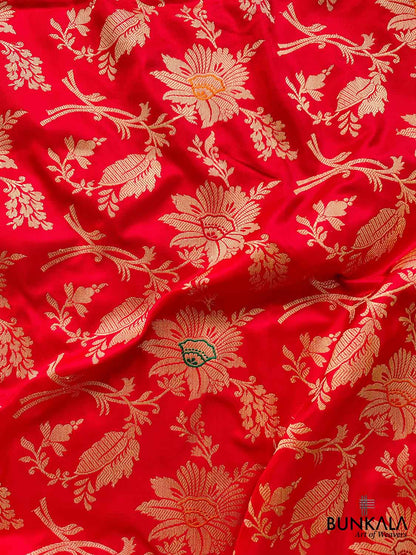 Bold and Beautiful Red Pure Katan Silk Handloom Kadwa Jangla Sona Rupa Meenakari Banarasi Saree with Pink Contrast Border