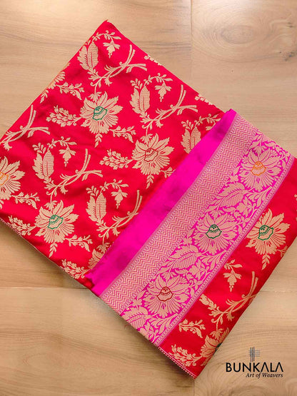 Bold and Beautiful Red Pure Katan Silk Handloom Kadwa Jangla Sona Rupa Meenakari Banarasi Saree with Pink Contrast Border